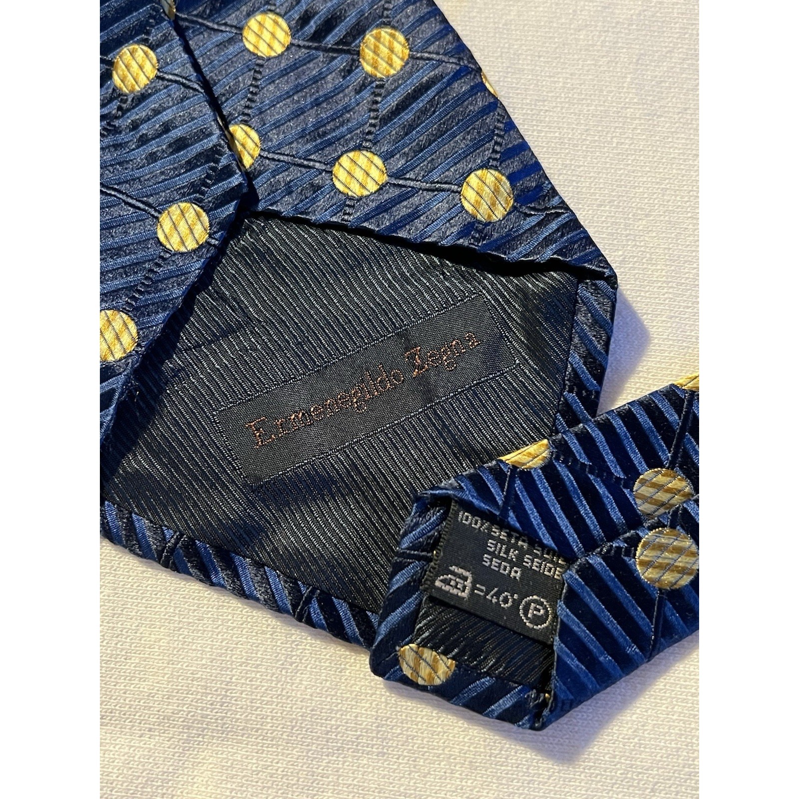 Ermenegildo Zegna Vintage Royal Blue Gold Polka Dot Stripes Woven Silk Tie